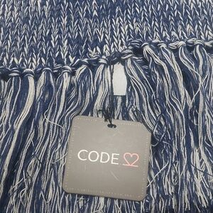 Blue and White Fringed Knit Scarf